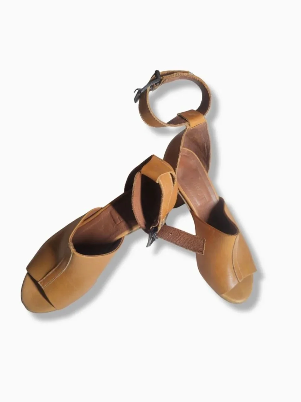 Girotti Handmade Italian Camel Leather Peep-Toe Block Heel Sandals Size EU39 US9